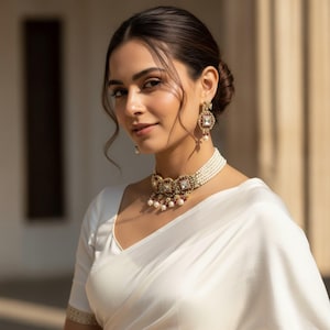 May include: A woman wearing a white sari and a pearl necklace with a pendant. The pendant and matching earrings feature square and round gemstones with gold-colored metalwork. The earrings have a dangling pearl.