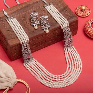 Pearl CZ Long Necklace Set: Indian Jewelry, Gold Plated