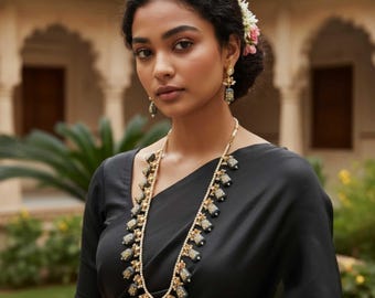 Temple Necklace Set with Kundan Earrings, Black Grey Pearl Long Haram, Indian Bridal Jewelry, Wedding Festive Statement Necklace