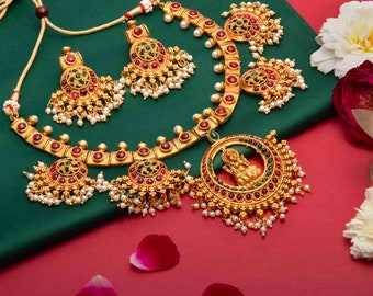 Temple Necklace Set: Ruby, Green Kempu, Goddess Lakshmi, Indian Jewelry