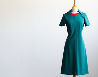 Vintage 70s Country Miss Mod Dress | Green A Line Midi Dress with Collar | Retro Colorblock Neckline | Size 2 / Small