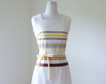 Mod Midi Dress - Kay Winsdor Brunch Dress White Yellow Brown Stripe Square Neck - Sleeveless Summer Outfir Size Small / Medium