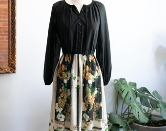 Vintage Kay Windsor Black Floral Dress | Sheer Boho Midi Dress | Romantic Long Sleeve Vintage Dress - Size Small
