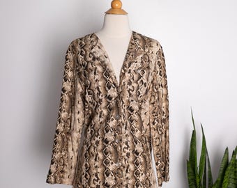 Vintage Silk Python Print Blouse | Rafaella Petites 100% Silk Shirt | Abalone Button Silk Top | Animal Print Top - Size Small