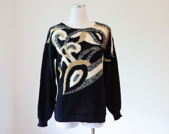 Black Metallic Gold Ivory Sweater - Wool Angora Fabric - Size Medium