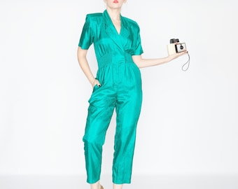 90s Windbreaker Jumpsuit in Teal Green Size Small - Smocked Waist Shirt Sleeve Sexy Fabulous One Piece Pant Suit