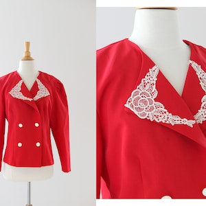 Red Blazer with Lace Collar - Holiday Outfit - Size 14 / XL - Long Sleeve Ladies Sport Coat