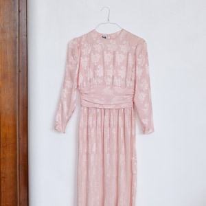 Pink Satin Dress - Shiny Rose Pattern - Long Sleeve Below Knee Length - Size XS