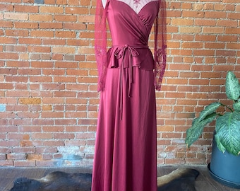 Vintage 70s Victorian Style Burgundy Lace Dress | Gothic High Neck Maxi | Lace Sleeves | Peplum Tie Waist | Halloween Costume | Fall Wedding
