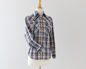 Vintage Western Snap Button Shirt |Blue  Plaid Cowgirl Top | Youth 16 Fits Women’s XS | Classic Rodeo Shirt