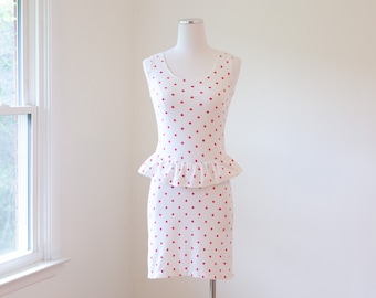 Peplum Mini Dress - Sleeveless Bodycon Polka Dot Peplum 90s - DEB - Size XS / Small