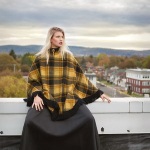 Plaid Wool Poncho / Cape - Black & Mustard Yellow with Fringe Trim / High Neck - One Size Fits All