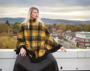 Plaid Wool Poncho / Cape - Black & Mustard Yellow with Fringe Trim / High Neck - One Size Fits All