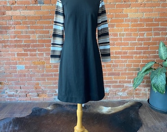 Vintage 70s Mod Black Dress | Bayberry Brand | Striped Sleeve Fall Shift Dress | Ribbed Knit A-Line | Retro Office Party Dress | Size Large