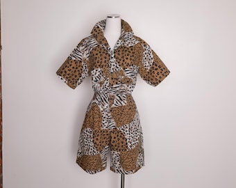 Vintage Gloria Vanderbilt Sport Romper | 90s Animal Print Romper | Leopard Zebra Print Shorts Jumpsuit | Bold Safari Playsuit - Size Med
