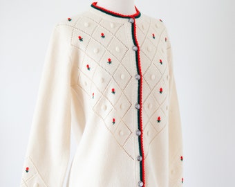 Vintage 70s Duet Knit Cardigan | Cream Diamond Knit Sweater with Red Rose Embroidery | Scandinavian Folk Style Button Front | Size 40/Small