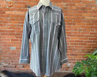 Vintage Panhandle Slim Men’s Western Snap Button Shirt – Gray Stripe Long Sleeve Cowboy Rodeo Style, Size Medium