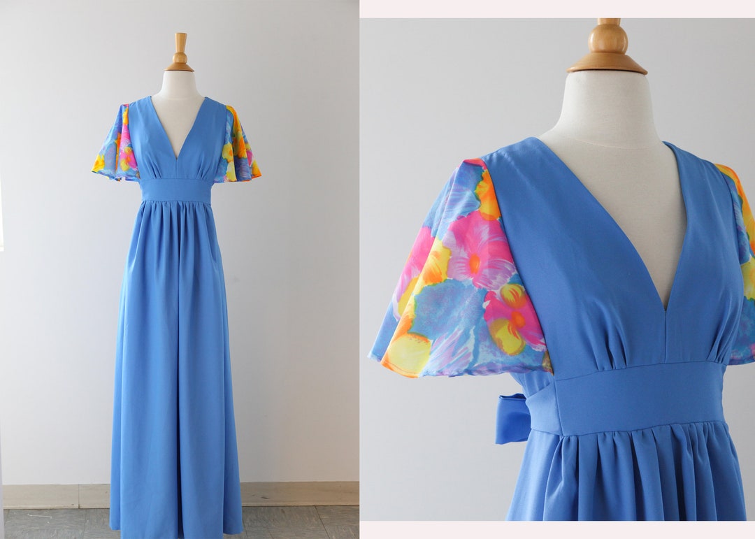 Cornflower Blue Maxi Dress Deep V Neck Empire Waist With Flutter Sleeves Hippie Prairie Dress ...