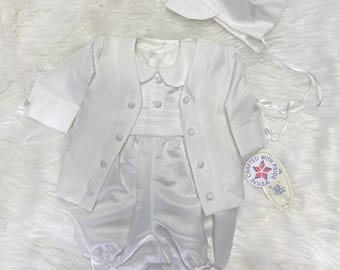 NOS Baby Boy Baptism Outfit | 3 Piece Christening Suit Set - Onesie Jacket and Cap | Sweet Pea & Lily by Lito | Made in USA - Size Small