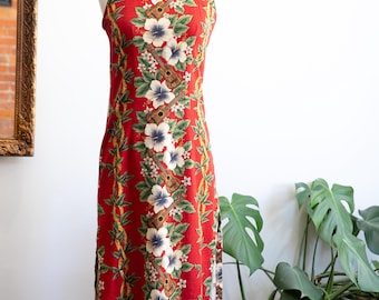 Vintage Red Hawaiian Maxi Dress | Tropical Floral & Guitar Print |Sleeveless Island Summer Dress | Made in USA - Size XS - Small