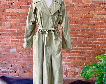 Vintage Bernardo Sage Green Trench Coat – Women’s 5/6 – Belted Longline Coat with Navy Underarm Inserts – 80s Minimalist Utility Outerwear