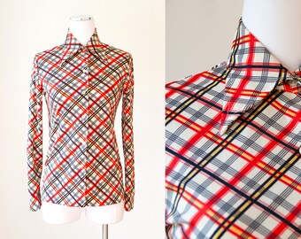 Red Navy Yellow White Plaid Blouse - 70s Exaggerated Collar Retro Secretary Long Sleeve Shirt - Size Small