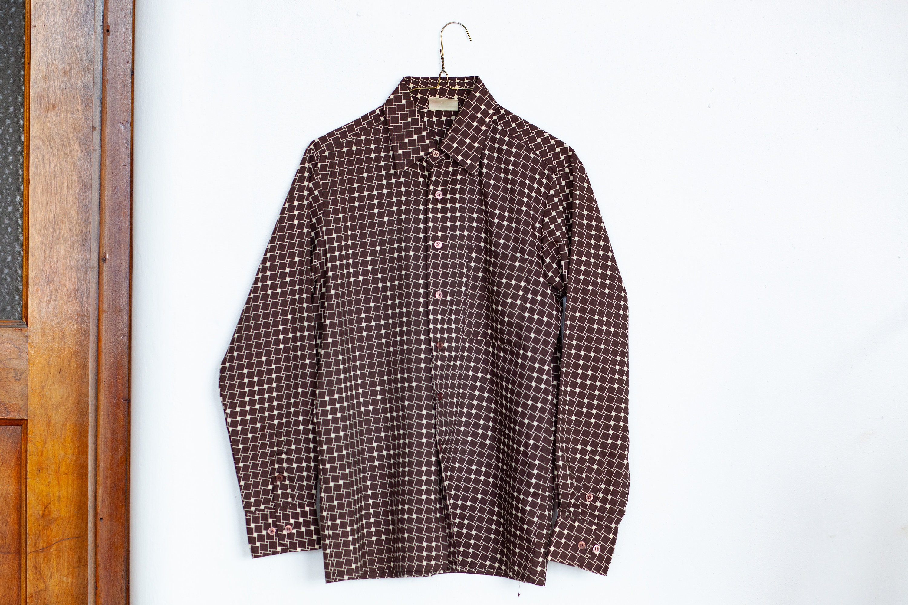 Mens Chocoalte Brown Geometric Button Down Shirt Long Sleeve - Etsy