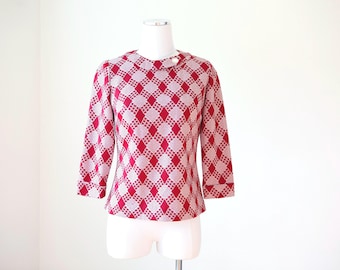 Red White Mod Blouse - 60s Retro 3/4 Length Sleeve Shirt - Size Small