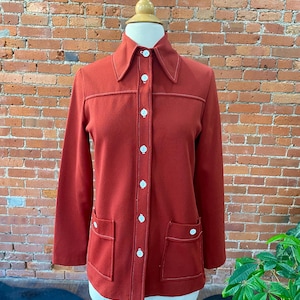 Vintage 70s Rust Red Button Down Shacket | NPC Fashions Warren PA | Retro Fall Layering Top w/ Pockets | Long Sleeve Collared Shirt - Small