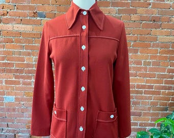 Vintage 70s Rust Red Button Down Shacket | NPC Fashions Warren PA | Retro Fall Layering Top w/ Pockets | Long Sleeve Collared Shirt - Small