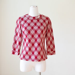 Red White Mod Blouse - 60s Retro 3/4 Length Sleeve Shirt - Size Small