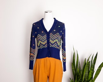 Vintage Geometric Cardigan Castle Knitwear • Made in New Zealand • Textured Knit Cropped Sweater • Royal Blue Multi Color Wool Blend - Small
