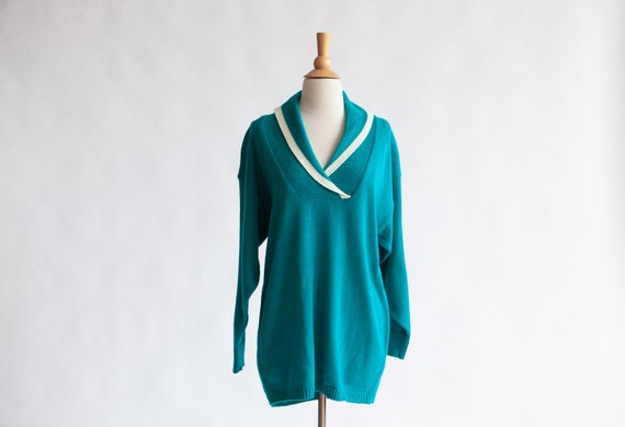 Teal Green Oversize Sweater - V Neck Fold Over Co… - image 1
