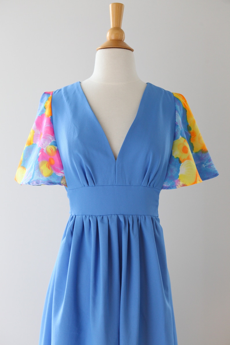Cornflower Blue Maxi Dress Deep V Neck Empire Waist With Flutter — free download