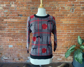 Vintage 90s Rose Print Sweater with Bows | Black Red Plaid Houndstooth Knit Jumper | Long Sleeve Pullover | Retro Grunge Preppy | Size Small