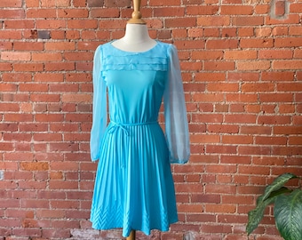 Vintage 70s Baby Blue Pleated Dress | Ms. Classic Made in USA | Sheer Sleeve Tie Waist | Retro Party Dress | Mod Spring Outfit | Size Small