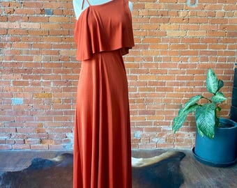 Vintage 70s Terracotta Maxi Dress | One Shoulder Ruffle Gown | Boho Evening Dress | Rust Orange  Knit | Retro Goddess Party Bridesmaid Dress