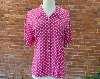 Vintage 90s Esprit Blouse Shirt Sleeve Pink with White Polka Dots | Plus Sz Medium Button Down Shirt | Retro Circles Print Short Sleeve Top