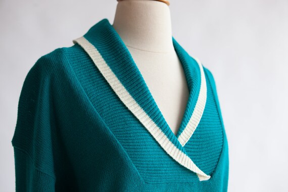 Teal Green Oversize Sweater - V Neck Fold Over Co… - image 2