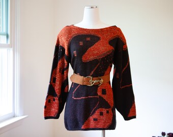 80s Abstract Pattern Fall Sweater Black Orange Metallic Gold - Long Sleeve Shirt Size Small / Medium