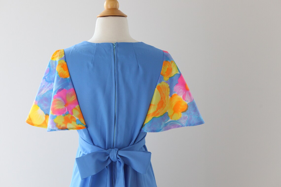 Cornflower Blue Maxi Dress Deep V Neck Empire Waist With Flutter Sleeves Hippie Prairie Dress ...