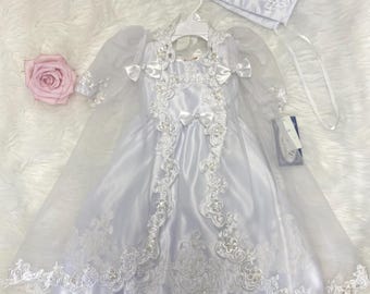 Vintage NOS Christening Gown Set - 3 Piece Baptism Dress with Bonnet & Sheer Overlay Jacket | Satin Lace and Bows | Made in USA - Size 1