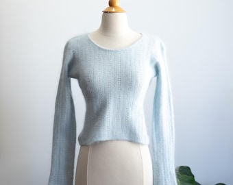 Vintage Angora Sweater | Baby Blue Fuzzy Knit Pullover | Weathervane Angora Blend Sweater | Soft Romantic Vintage Knit | Size XS