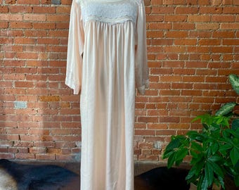 Vintage Christian Dior Nightgown – Blush Pink Nylon with White Lace, 1970s 1980s Loungewear, Luxury Designer Sleepwear