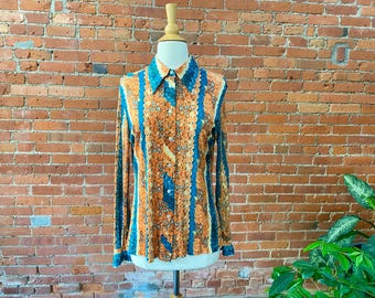 Vintage 70s Feather Print Blouse | Judy Bond | Bold Orange & Teal Pattern, Long Sleeve Button Down Shirt -  Size Small
