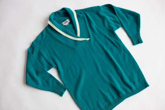 Teal Green Oversize Sweater - V Neck Fold Over Co… - image 3