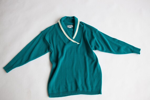 Teal Green Oversize Sweater - V Neck Fold Over Co… - image 5