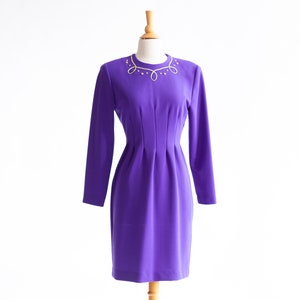 Purple Cocktail Dress - Sheath Fitted/Body Con with Metallic Gold Embroidery & Stud Design | Long Sleeve Knee Length - Size Small