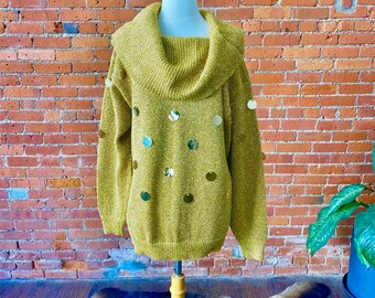 Vintage 90s Metallic Gold Sweater | Spree International | Sequin Dot Party Jumper | Off Shoulder Cowl Neck Holiday Oversized Knit | Size M