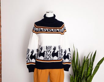 Vintage Nordic Turtleneck Sweater | Navy Blue & Ivory White Graphic Knit Pullover | 80s 90s Ski Lodge Sweater | Thick Cozy Winter Knit